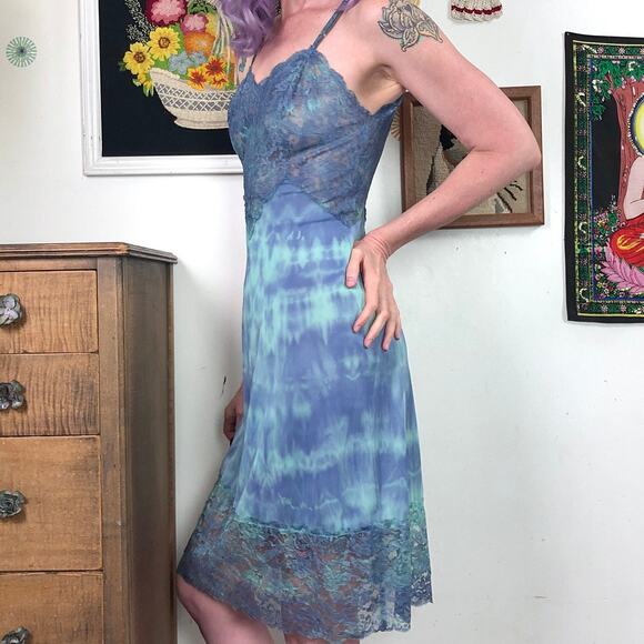 Vintage Hand Dyed Slip Dress, 1960s Vanity Fair Green & Blue Galaxy Mist Sz XS - Picture 6 of 10